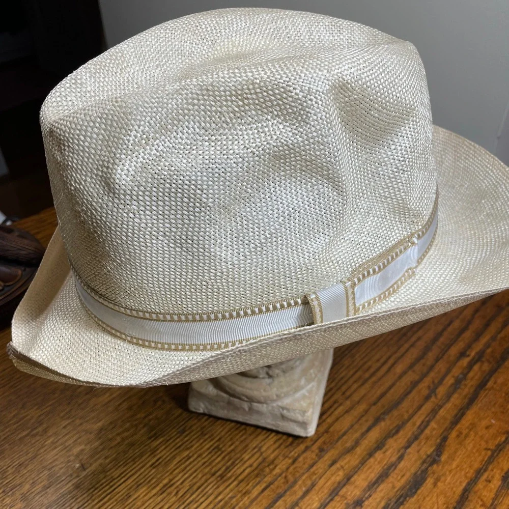 Stetson Straw Fedora Hat Cream Off White Woven Panama Style Size 7 5/8 61cm Luxe - Picture 5 of 15